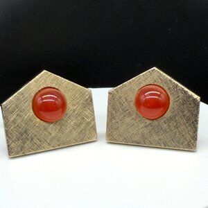 Vintage Gold Tone Geometric Cufflinks Textured Finish Burnt Orange Stone